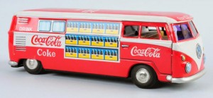 1960s toy Coca-Cola Volkswagen bus, tin friction, 9½ inches long, excellent working order, est. $100-$200. Morphy Auctions image