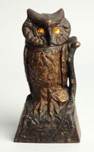 Owl cast-iron mechanical bank, est. $300-$500. Morphy Auctions image
