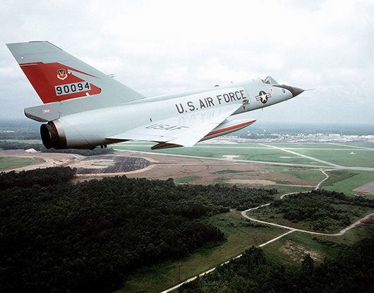 An F-106 Delta Dart from the 87th Fighter Interceptor Squadron above Charleston Air Force Base, South Carolina, in 1982. The Convair F-106 Delta Dart was the primary interceptor aircraft of the U.S. Air Force from the 1960s through the 1980s. Image courtesy of Wikimedia Commons.