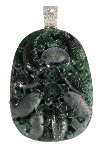 This stunning carved jadeite, diamond and 18K white gold pendant that will be offered for $7,000 to $9,000. Clars Auction Gallery image