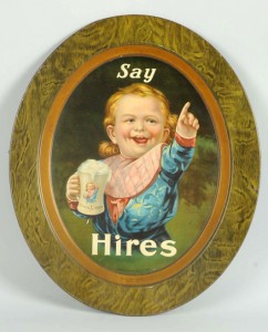 Oval tin ‘Say Hires’ sign, circa 1907, 24 inches tall, est. $3,000-$6,000. Morphy Auctions image