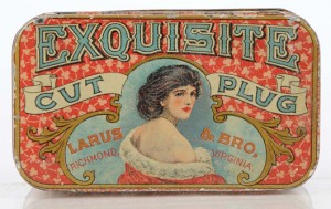 Exquisite Cut Plug Tobacco flat pocket tin issued by Larus & Bro., Richmond, Virginia. Est. $1,400-$1,800. Morphy Auctions image