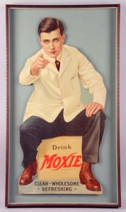 1907-1914 Moxie cardboard cutout advertising sign, preserved under glass in a shadowbox, possibly the best of all known examples, est. $1,000-$2,000. Morphy Auctions image