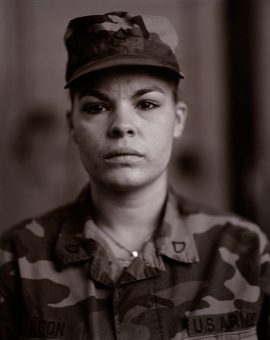 Judith Joy Ross, American (b. 1946). ‘P.F.C. Maria I. Leon, U.S. Army Reserve, On Red Alert, Gulf War, 1990.’ Gelatin silver print (printed 2006), 9 11/16 x 7 11/16 inches. Gift of the Hall Family Foundation, 2012.28.5.