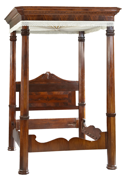 Handsome Southern American classical-style carved mahogany full tester bed, 60 inches tall. Crescent City Auction Gallery image