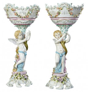 Pair of impressive 19th century Meissen porcelain figural compotes, on winged putto supports. Crescent City Auction Gallery image