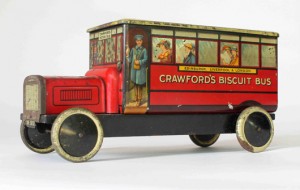 LIke Cadbury’s and Rowntree, Crawford’s were quick to spot the potential of tinplate toys as advertising vehicles. This clockwork bus would have been sold full of crackers and has a saleroom value of £600-£800 ($909-$1,213). Photo Capes Dunn Auctioneers
