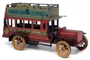 A Bing tinplate clockwork bus with working steering and start-stop lever. It sold for £5,800 ($8,791). Photo Peter Wilson Auctioneers