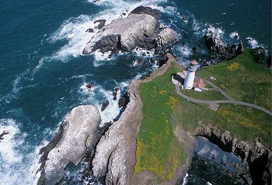 Aerial view of the Yaquina Head Lighthouse, Oregon's tallest lighthouse. Image by Mary Beth Selbert, courtesy of Wikimedia Commons.