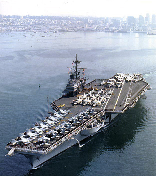 USS Ranger (CV-61) departing San Diego, California, in February 1987. Official U.S. Navy photograph, from the collections of the Naval Historical Center, courtesy of Wikimedia Commons