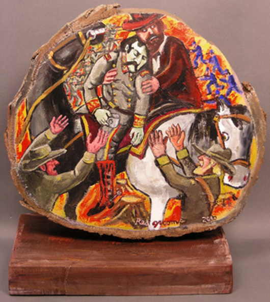 Red Grooms, ‘Death of General Albert Sidney Johnston,’ 2010, acrylic paint on slice of tree trunk. Collection of the Tennessee State Museum.
