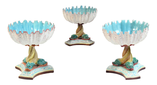 The top lot of the Mellon Scaife collection was this lot of three 19th century Royal Worcester urchin and dolphin compotes that sold for an impressive $10,115, setting an auction record for this form. Clars Auction Gallery image
