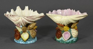 The top seller in majolica was this lot of two Copeland shell form vases, circa 1885, which sold for $4,400, far beyond the $800 estimate. Clars Auction Gallery image