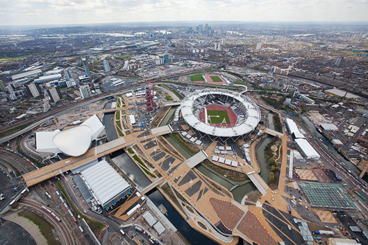 An aerial view of the Olympic Park looking southwest toward London. Image by EG Focus. This file is licensed under the Creative Commons Attribution 2.0 Generic license.