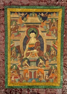 Sino-Tibetan painted linen thangka depicting Buddha with medicine bowl, seated in lotus position on lotus base, 29in. x 19in. with silk mounts. Estimate: $300-$400. I.M. Chait Gallery / Auctioneers image