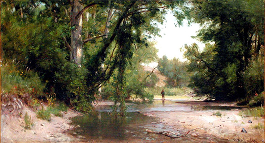 Thomas Worthington Whittredge (1820-1910) is best known for his evocative and quietly splendid landscapes. Born on a farm near Springfield, Ohio, he is considered a core painter of the Hudson River School. He painted this oil on canvas of a river scene in the mid-1860s. Image courtesy of LiveAuctioneers.com archive and Arader Galleries.