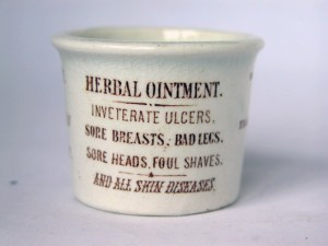 It claims to cure ‘Inveterate Ulcers, Sore Breasts, Bad Legs, Sore Heads, Foul Shaves and All Skin Diseases,’ but this herbal ointment was essentially just petrol jelly. Photo Bob Houghton