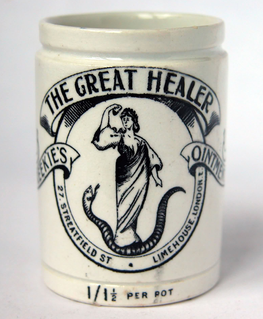 The Reekie ointment pot dates to the late Victorian period. The Reekie family was one of many during this period to sell ointment based on recipes that had been handed down through generations. This pot is rare and commands a value of £350 ($529). Photo Bob Houghton