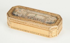 Fine and diminutive 18K gold presentation box, made in Paris, circa 1778, believed to have been given by France’s King Louis XVI to Marquis de Lafayette. Estimate: $10,000-$15,000. Cottone Auctions image