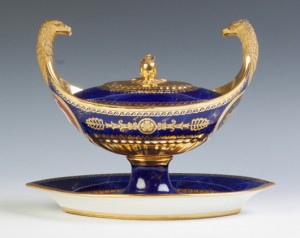 Sevres cobalt and gold enameled tureen, circa 1812, descended in the family of William Weightman. Estimate: $5,000-$8,000. Cottone Auctions image