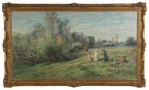 Oil on canvas rendering of a mother and daughters in springtime by William John Hennessy (1839-1917), framed. Estimate: 15,000-$25,000. Cottone Auctions image