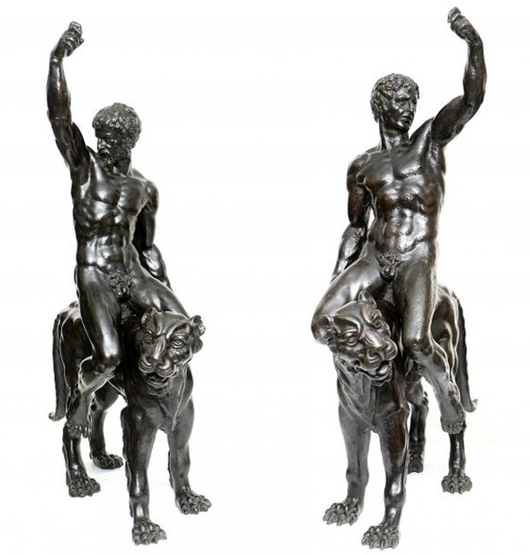 A pair of fine bronzes of bacchantes riding panthers, which are now thought to be works by Michelangelo. They will soon be on display at the Fitzwilliam Museum in Cambridge, but will they ever make it to the auction block?
