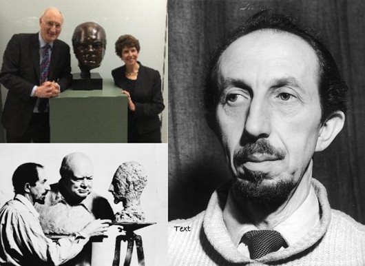 Churchill memorial week, clockwise from top left: The Honorable Sir George Young MP, and Lady Aurelia Young with Oscar Nemon’s famous bust of Churchill; Lady Young’s father, the sculptor Oscar Nemon; Nemon posing with his bust of Churchill and with Churchill’s bust of Nemon. Images by kind permission of Lady Aurelia Young and the Oscar Nemon estate.