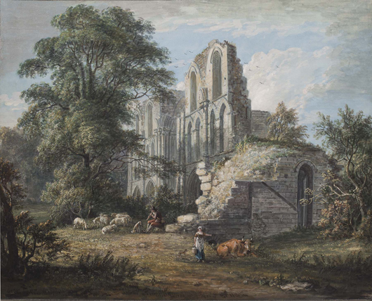 Paul Sandby R.A. (1730-1809) ‘Roche Abbey, Yorkshire,’ watercolor and bodycolor, for sale with Charles Nugent, priced at £28,000 ($42,070) at the Works on Paper Fair at the Science. Image courtesy of the Works on Paper Fair and Charles Nugent.