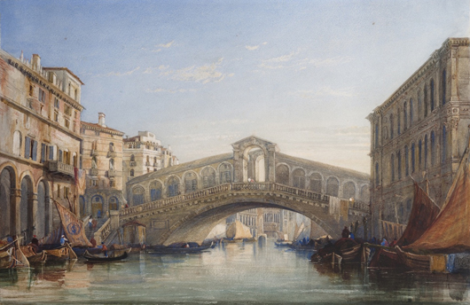 This watercolor by William James Muller (1812-1845) titled ‘The Rialto, Venice’ is priced £9,500 ($14,275) with dealer James Mackinnon at the Works on Paper Fair at the Science Museum. Image courtesy of the Works on Paper Fair and James Mackinnon.
