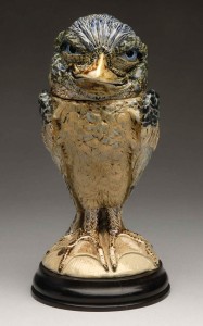Rare R.W. Martin Brothers stoneware Wally Bird tobacco jar, 1890, beautiful form with rare blue eyes, mint condition, $37,200. Morphy Auctions image