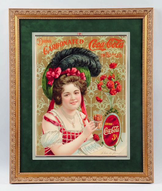 1902 Coca-Cola poster emblazoned ‘Drink Carbonated Coca-Cola in Bottles, $40,800. Morphy Auctions image