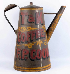Three-dimensional painted coffee pot trade sign touting T&K Coffee, $15,600. Morphy Auctions image