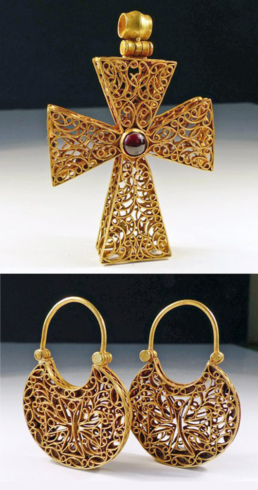 70A: Byzantine Gold Cross W/ Garnet + Gold Earrings Circa 8th to 10th century CE. Est. $18,000-$25,000