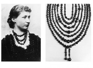 Left, Princes Augusta, wearing faceted Whitby jet beads on the eve of her wedding to the future Kaiser Wilhelm III in 1881, and right, a selection of other bead necklaces showing the variety of designs. Photo © Shire Publications 2009