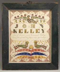 A rare Hampshire County, Virginia, fraktur record of the birth and death of infant John Kelley in 1847 sold for $32,200 last April at a Jeffrey S. Evans & Associates auction. This example and the similar following lot, which brought $23,000, were attributed to the anonymous ‘Shenandoah Valley Illuminated Artist’ of Winchester.