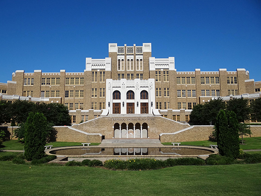 Completed in 1927 at a cost of $1.5 million, Little Rock Central High School was the nation's largest high school facility in the U.S. It is listed on the U.S. National Register of Historic Places and named as a U.S. National Historic Landmark. Image by Adam Jones, Ph.D. This file is licensed under the Creative Commons Attribution 3.0 Unported license.