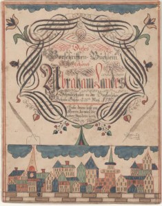 The Free Library of Philadelphia will display this bookplate for Abraham Landes, attributed to artist Johann Adam Eyer of Bucks County, in their exhibition ‘Quill & Brush: Pennsylvania German Fraktur and Material Culture,’ opening March 2. Courtesy Free Library of Philadelphia