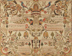 More than four dozen examples of fraktur will be part of a multimedia exhibition, ‘A Colorful Folk: Pennsylvania Germans and the Art of Everyday Life’ opening March 1 at Winterthur. Andreas Kolb of Montgomery County signed this elaborately illustrated religious text circa 1785. Courtesy Winterthur Museum