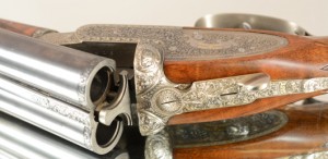 Detail view of circa-1898 Holland & Holland Badminton sidelock ejector 12-gauge shotgun. Engraved by R.J. Collins. Flawless condition. Estimate $15,000-$25,000. Bruhns Auction Gallery image