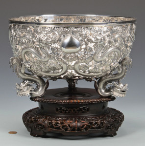 Several overseas bidders were in the hunt for this large (11-1/2 inches diameter) Chinese export silver bowl, which hammered for $14,750. Case Antiques Auction image