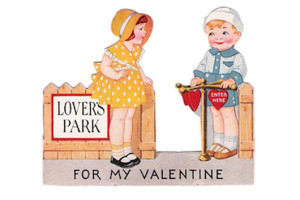 Lovers’ Park: a sweet Valentine card from the 1920s, price £15. Photo Altus Arts