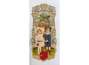 A charming embroidered Valentine card with augmented embroidery, circa 1890, framed, priced at £35. Photo Altus Arts