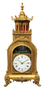 This beautiful Chinese triple fusee and gilt bronze bracket clock with automation is expected to achieve $30,000-$40,000. Clars Auction Gallery image