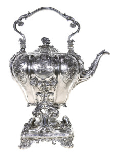 In sterling silver, this English Regency tea kettle on stand with warmer, by Paul Storr, London, 1828, is expected to achieve $10,000-$15,000. Clars Auction Gallery image