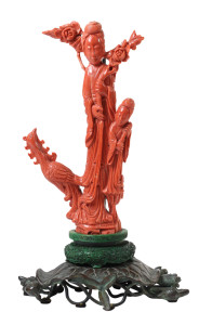 From the late Qing/early Republic period is this figural coral carving of a beauty accompanied by an attendant and phoenix. Clars Auction Gallery image
