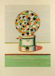 From Wayne Thiebaud (American, b. 1920), comes ‘Gumball Machine,’ a linoleum cut print from 1970 which is estimated at $10,000-$15,000. Clars Auction Gallery image