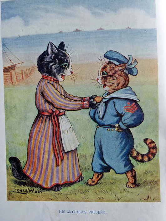 ‘His Mother’s Present,’ a page from a Louis Wain children’s book called ‘Father Tuck’s Furry Mascot’ Series, published by Raphael Tuck & Sons Ltd. It sold for £55. Photo Ewbank’s Auctioneers