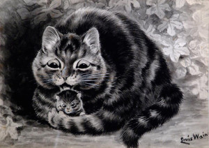 An ink and wash drawing by Louis Wain of a seated tabby cat licking her kitten. The picture was a gift from the artist to a waitress in a café in Westgate-on-Sea, Kent, in the 1930s. It sold for £1,100. Photo The Canterbury Auction Galleries