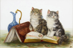 Bessie Bamber at her best: Two kittens with books and a jug, an oil on ceramic panel with ‘BB’ monogram bottom right. It measures 6.5 by 9.75 inches and has a saleroom value of £700-£1,000. Photo The Canterbury Auction Galleries