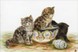 Cute aren’t they? Bessie Bamber’s mischievous kittens with wash bowl and jug. The ‘BB’ monogram is bottom right of the 6.5 by 9.5 inches ceramic panel, which has a saleroom value of £700-£1,000. Photo The Canterbury Auction Galleries
